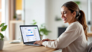 happy-woman-working-on-laptop-clickup-dashboard